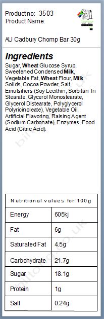 Nutritional information about AU Cadbury Chomp Bar 30g