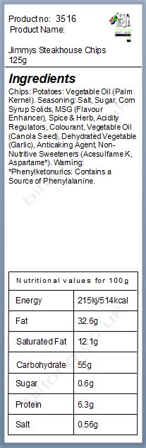 Nutritional information about Jimmys Steakhouse Chips 125g