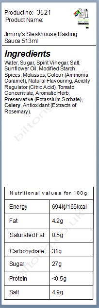 Nutritional information about Jimmy's Steakhouse Basting Sauce 513ml