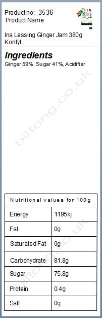 Nutritional information about Ina Lessing Ginger Preserve 380g  Konfyt