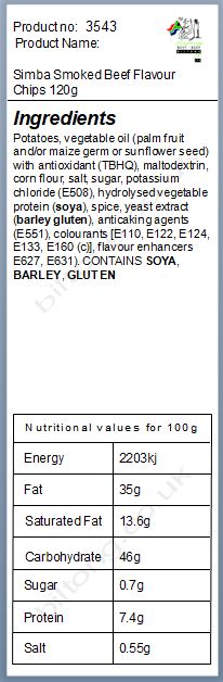 Nutritional information about Simba Smoked Beef Flavour Chips 120g