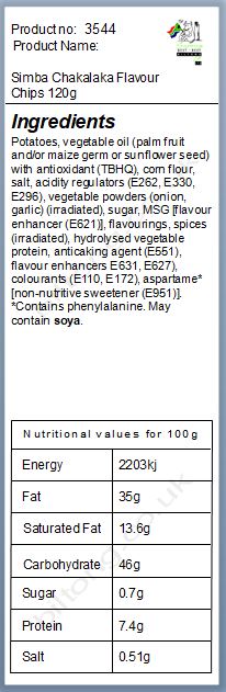 Nutritional information about Simba Chakalaka Flavour Chips 120g