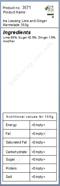 Nutritional information about Ina Lessing Lime and Ginger Marmelade 350g