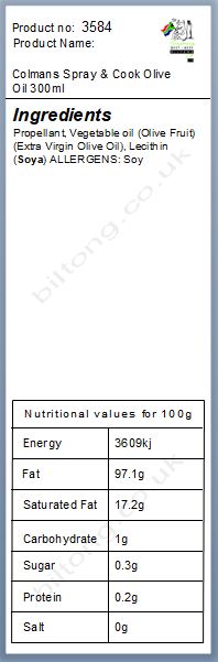 Nutritional information about Colmans Spray & Cook Olive Oil 300ml