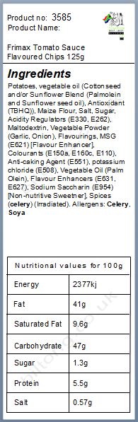 Nutritional information about Frimax Tomato Sauce Flavoured Chips 125g