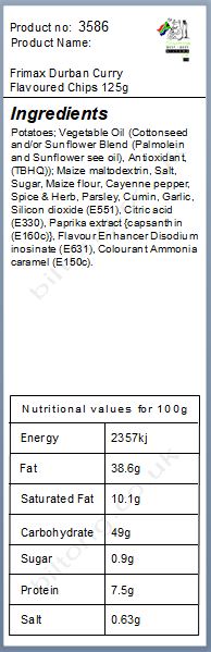 Nutritional information about Frimax Durban Curry Flavoured Chips 125g