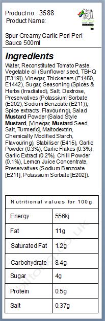 Nutritional information about Spur Creamy Garlic Peri Peri Sauce 500ml
