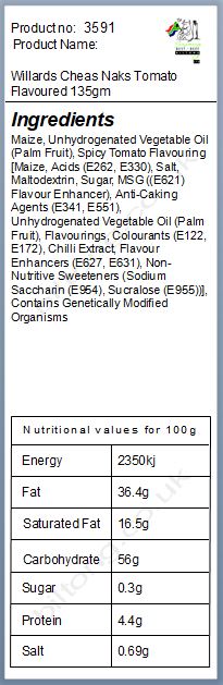 Nutritional information about Willards Cheas Naks Tomato Flavoured 135gm