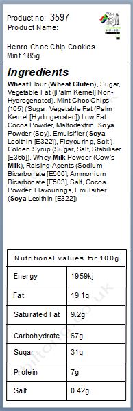 Nutritional information about Henro  Choc Chip Cookies  Mint 185g