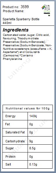 Nutritional information about Sparletta  Sparberry Bottle 440ml