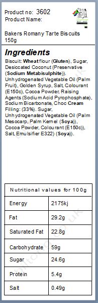 Nutritional information about Bakers  Romany Tarte Biscuits 150g