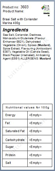Nutritional information about Braai Salt with Coriander Marina 400g