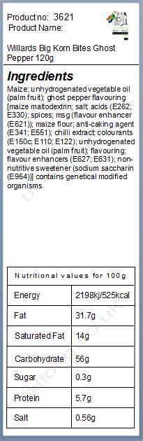 Nutritional information about Willards Big Korn Bites Ghost Pepper 120g