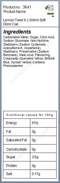 Nutritional information about Lemon Twist 300ml 6 Pack