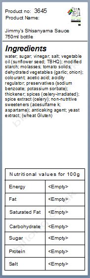 Nutritional information about Jimmy’s Shisanyama Sauce 750ml bottle