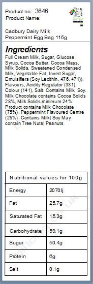Nutritional information about AU Cadbury Dairy Milk Peppermint Egg Bag 115g