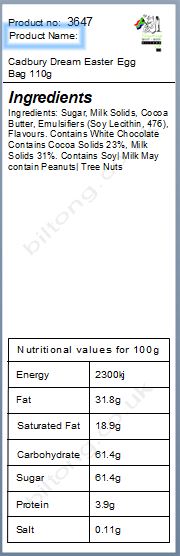 Nutritional information about AU Cadbury Dream Easter Egg Bag 110g