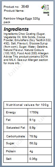 Nutritional information about NZ Rainbow Mega Easter Eggs 320g pack