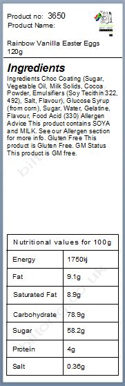 Nutritional information about NZ Rainbow Vanilla Easter Eggs 120g
