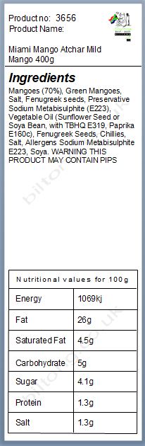 Nutritional information about Miami Mango Atchar Mild Mango 400g