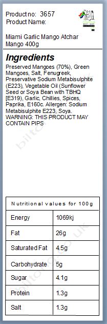Nutritional information about Miami Garlic Mango Atchar Mango 400g