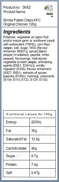 Nutritional information about Simba Potato Chips KFC Original Chicken Flavour 120g