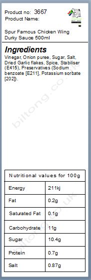 Nutritional information about Spur Famous Chicken Wing Durky Sauce 500ml