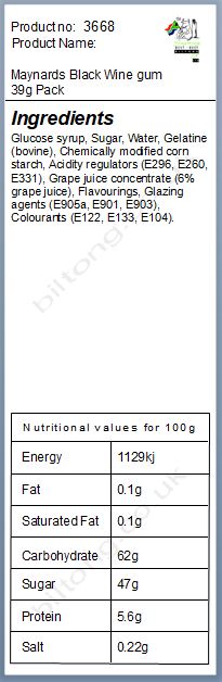 Nutritional information about Maynards Black Wine gum 39g Pack