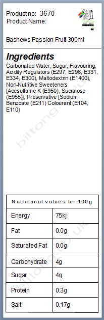 Nutritional information about Bashews Pashion Fruit 6 x 300ml