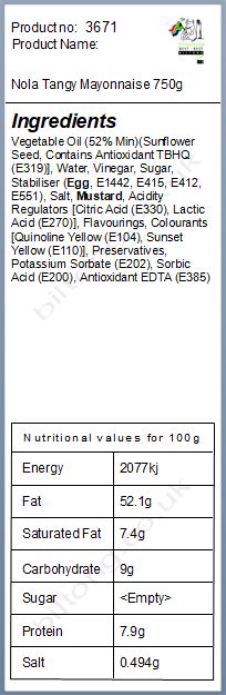 Nutritional information about Nola Tangy Mayonnaise 750g