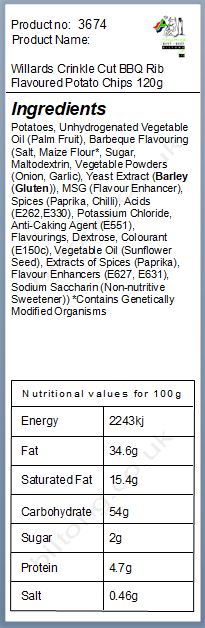 Nutritional information about Willards Crinkle Cut BBQ Rib Flavoured Potato Chips