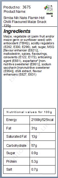 Nutritional information about Simba Nik Naks Flamin Hot Chilli Flavoured 135g