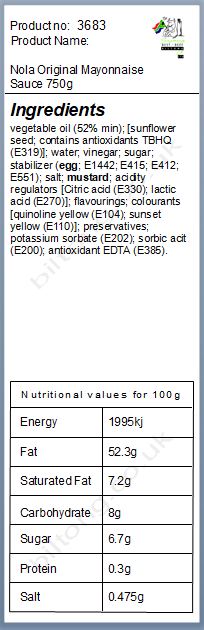 Nutritional information about Nola Original Mayonnaise Sauce 750g