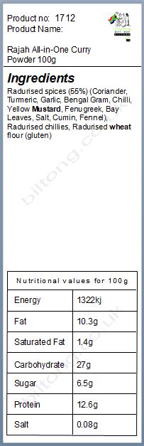 Nutritional information about 2 for 1 Rajah All-in-One Curry Powder100g