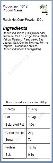 Nutritional information about 2 for 1 Rajah Hot Curry Powder 100g