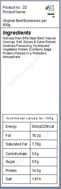 Nutritional information about Beef  Boerewors with Collagen Beef Skins per 600g