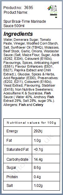 Nutritional information about Spur Braai-Time Marinade Sauce 500ml