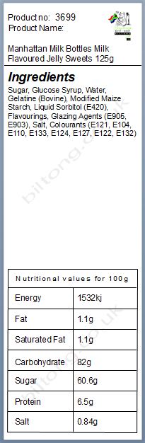 Nutritional information about Manhattan Milk Bottles Milk Flavoured Jelly Sweets 125g