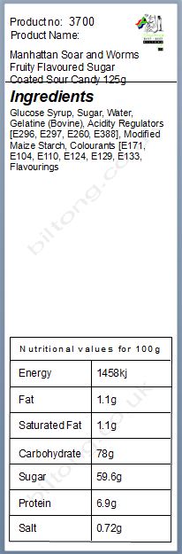 Nutritional information about Manhattan Fruity and Sour Worms 125g
