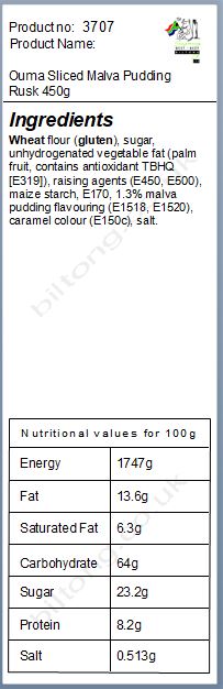 Nutritional information about Ouma Sliced Malva Pudding Rusk 450g