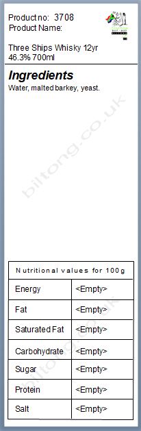 Nutritional information about Three Ships Whisky 12yr 46.3% 700ml