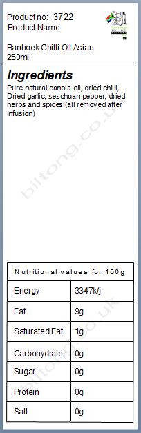 Nutritional information about Banhoek Chilli Oil Asian 250ml