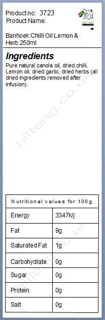 Nutritional information about Banhoek Chilli Oil Lemon & Herb 250ml