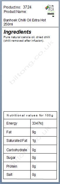 Nutritional information about Banhoek Chilli Oil Extra Hot 250ml