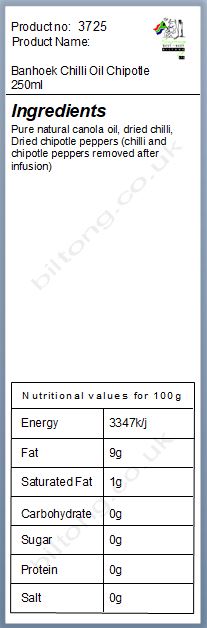 Nutritional information about Banhoek Chilli Oil Chipotle 250ml