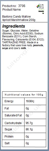 Nutritional information about Baxtons Candy Mallow Apricot Marshmallow 400g