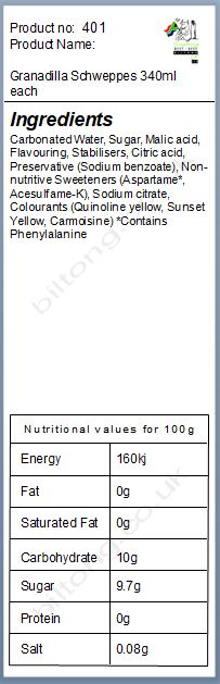 Nutritional information about Granadilla Schweppes 340ml each