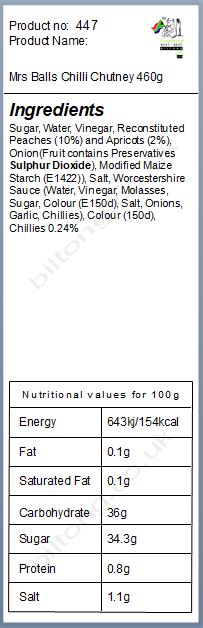 Nutritional information about Mrs Balls Chilli Chutney 460g