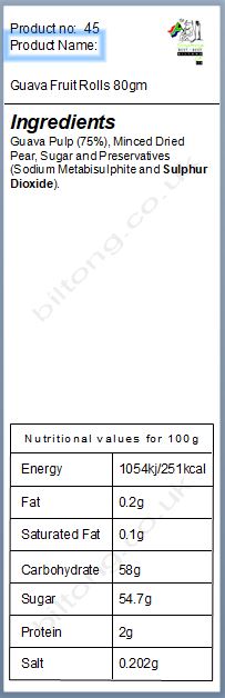 Nutritional information about Guava Fruit Rolls 80gm