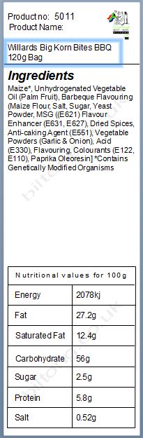 Nutritional information about Willards Big Korn Bites BBQ 120g Bag